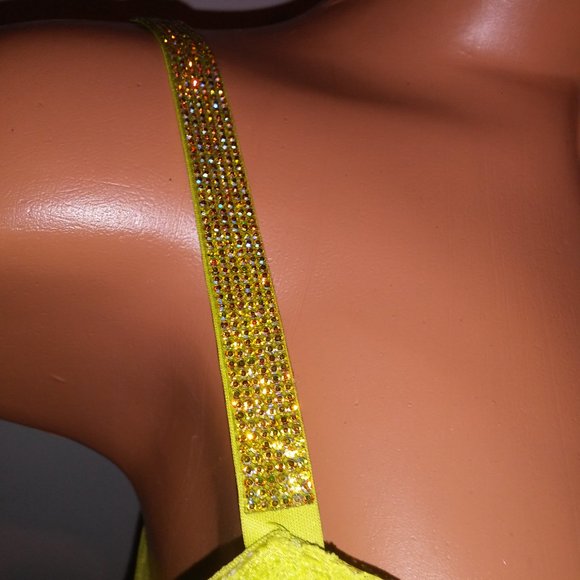 Victoria Secret Bra Set 36C Push Up Medium Thong Panty Yellow-Green Shine Strap - Picture 5 of 12
